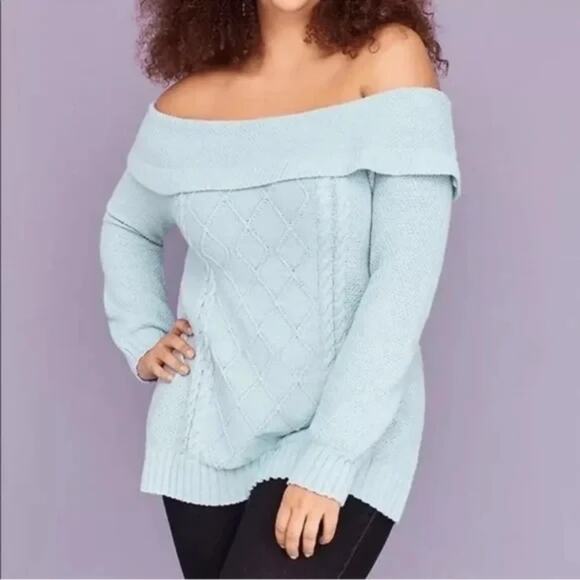 NWT Lane Bryant Off-the-Shoulder Cable Knit Sweater Green Warm Comfy Size 22/24 - Picture 1 of 8